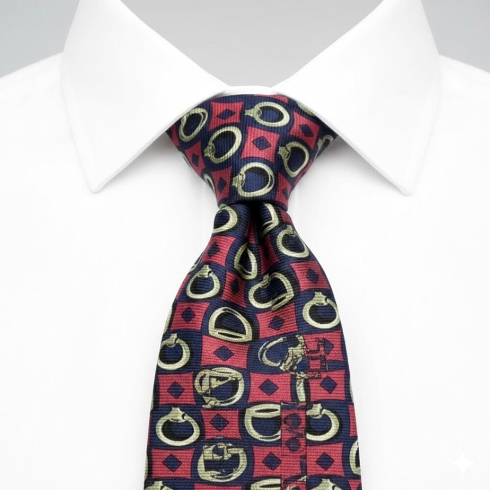 Gucci Silk Tie Italy Made Vintage Horsebit Pink Blue Geometric Horse Equestrian